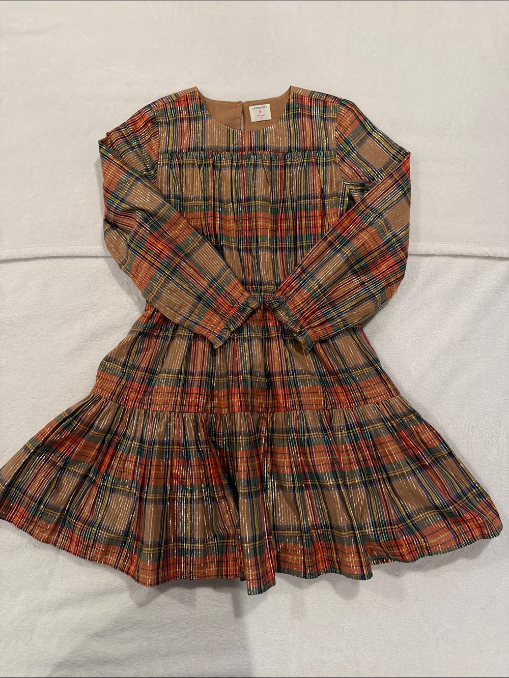 Crewcuts Plaid Tiered Dress in Tan, Red & Green